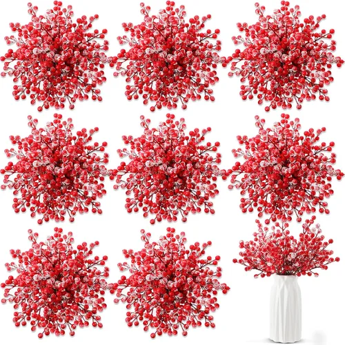 Vista 8 de Censen 50 piezas de tallos artificiales de bayas de acebo con copos de nieve escarchados, ramas de árbol de Navidad, adornos, ramitas de bayas