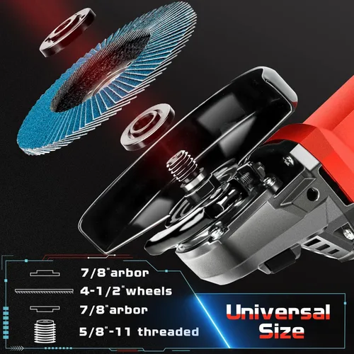 Vista 4 de Amoladora angular de 7.5Amp 4-1/2 pulgadas 12000 RPM con 2 protecciones, 3 ruedas de corte, 3 discos, mango antideslizante y cepillo de carbono