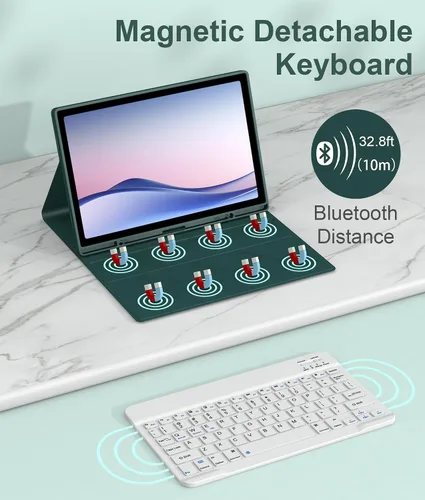 Vista 2 de Case with Keyboard for Samsung Galaxy Tab A8 (Dark Green) (Model: SM-X200/X205/X207) With S Pen Holder, Magnetic Detachable Wireless Keyboard for
