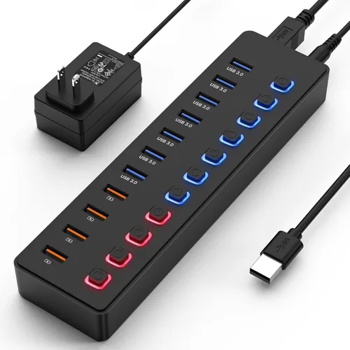 Concentrador USB alimentado, concentrador USB, divisor de concentrador de 11 puertos (7 puertos de transferencia de datos USB 3.0 + 4 puertos de