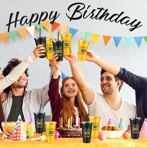 Vista 6 de Uiifan 12 vasos de plástico de plástico con tapa y popote de 24 onzas para cumpleaños, cumpleaños, bodas, aniversarios, decoración (30º)