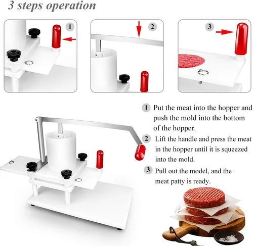Vista 6 de Huanyu Máquina formadora de hamburguesas comercial Material PE 4.331 in 4.3 "Manual Burger Press Meat Patty Forming Processor White Burger Press
