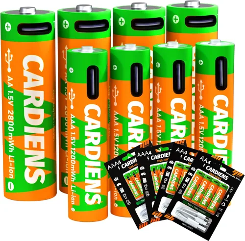 Vista 8 de Paquete combinado de baterías AA y AAA, batería recargable USB, baterías de litio dobles A y triple A de 1.5 V con cable de carga USB-C 4 en 1 e