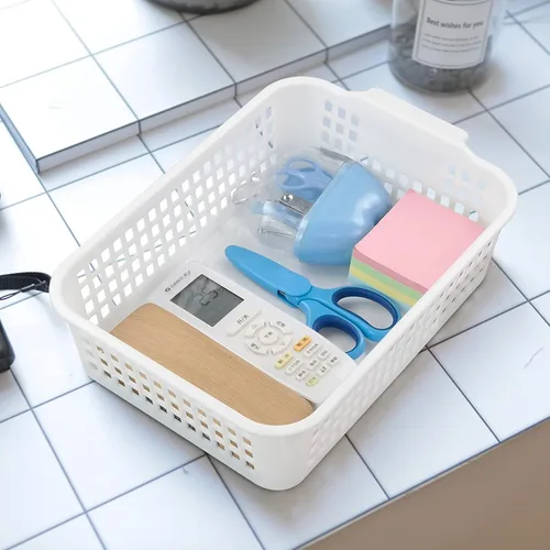 Vista 5 de Paquete de 6 bandejas rectangulares de plástico para almacenamiento, cestas de almacenamiento para el aula, color blanco