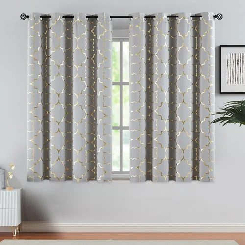 Vista 17 de Purainbow Paneles de cortinas opacas beige para dormitorio, 84 pulgadas, estampado metálico marroquí, cortinas de eficiencia energética