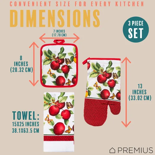 Vista 6 de Juego de 3 piezas de ropa de cocina con estampado de Apple Orchard, 1 toalla de algodón, 1 agarradera, 1 guante de horno con lazo para colgar