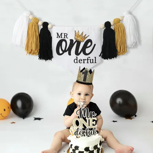 Vista 6 de Decoraciones de fiesta de primer cumpleaños de Mr Onederful para bebé Mr Onederful Bandera para silla alta Corona Topper de pastel Decoraciones