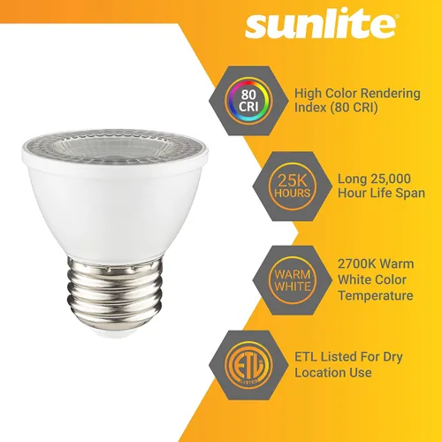 Vista 3 de Sunlite Bombilla LED PAR16 regulable, de cuello corto, empotrable, 7 vatios, (reemplazo halógeno de 50 W) 500 lúmenes, base E26 media, certificación