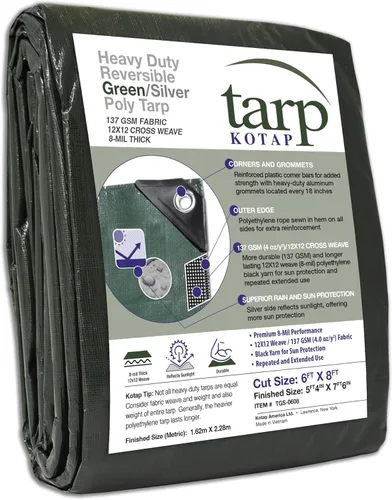 Kotap TGS-0608 - Lona de polietileno reversible de 8 mil con protección UV, 6 pies X 8 pies, verde-plata