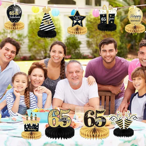 Vista 6 de 9 piezas de decoración de cumpleaños 65 para cumpleaños n.° 65, centros de mesa para decoración de mesas, saludos a 65 años, decoración de feliz