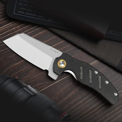 Vista 7 de Kizer C01C - Cuchillo de bolsillo para perro pastor XL, 3.9 pulgadas, 14C28N, cuchillo plegable EDC con mango de micarta de arpillera negra, bloqueo