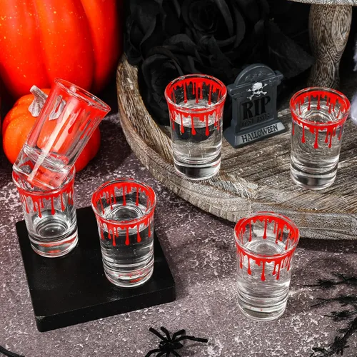Vista 5 de Whaline Paquete de 6 vasos de chupito de Halloween salpicados de sangre de 1.7 onzas, vasos de chupito de vidrio sangriento de terror para fiesta