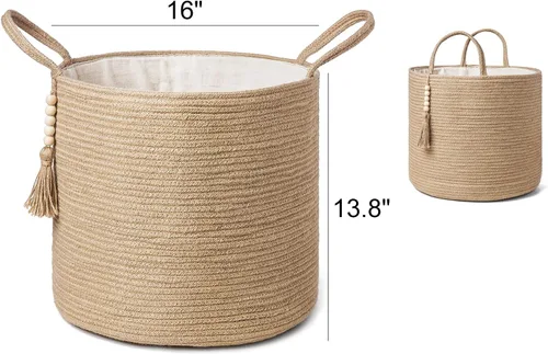 Vista 6 de Mkono Cesta de almacenamiento tejida de yute y 1 revistero de macramé, decoración bohemia para dormitorio, dormitorio, sala de estar, baño