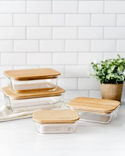 Vista 2 de Recipientes de vidrio con tapas Juego de cristalería no plástica – Tapas de bambú de madera orgánica natural Juego de 4 Reutilizables, sin BPA