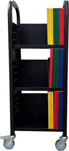 Vista 19 de Workington Carrito de libro con ruedas de un solo banco con 3 estantes planos, carrito de libros de biblioteca con ruedas giratorias bloqueables