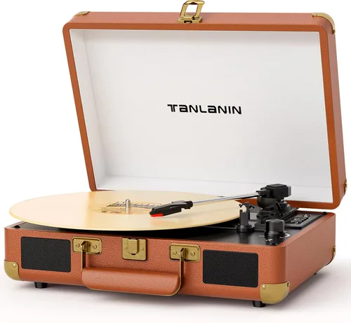 Vista 19 de TANALNIN - Tocadiscos de vinilo, tocadiscos portátil de maleta con Bluetooth de 3 velocidades con altavoces integrados, grabación USB, salida RCA