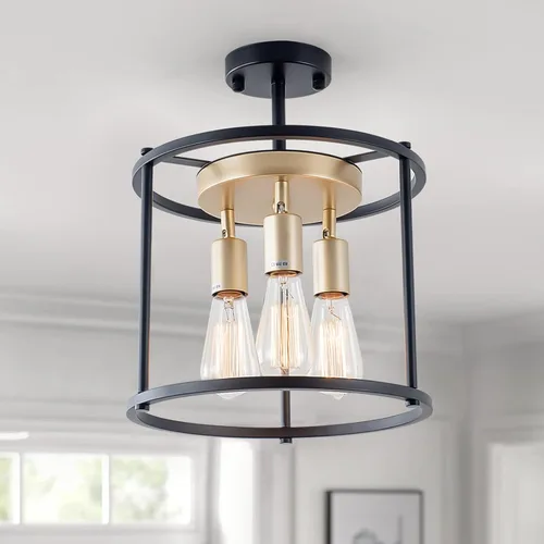 Lámpara de techo industrial semiempotrada, lámpara de techo negra vintage de 3 luces con enchufe ajustable, lámpara rústica de metal para cocina,