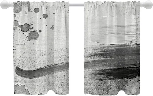 Vista 129 de Shrahala Beige and Orange Abstract Art Brushstrokes Tier Curtains for Kitchen Windows, Abstract Oil Paint Cafe Curtain Multilayer Polyester Blackout