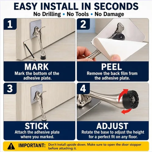 Vista 7 de HOME&I Tope de puerta abatible de 6 pulgadas con placa de montaje autoadhesiva grande, tope de puerta ajustable resistente, sin taladro, soporte