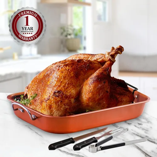 Vista 7 de OVENTE Stainless Steel Roasting Pan with V-Shape Rack and Carving Set, 15x11.75 Inch Nonstick Roaster Tray, Oven & Dishwasher Safe Bakeware Dish for