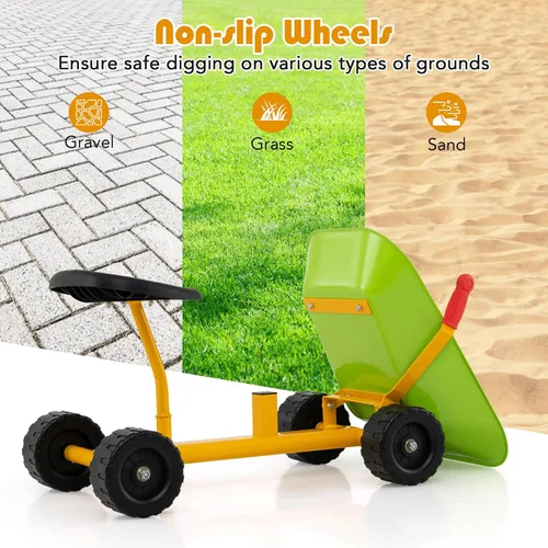 Vista 3 de Costzon Carretilla para niños, para exteriores, con asiento cómodo, 4 ruedas, mango ergonómico y marco de acero resistente, herramienta de juego
