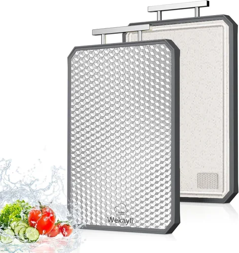 Vista 11 de Tablas de cortar de acero inoxidable para cocina, tabla de cortar 2 en 1 no tóxica de doble cara, tablas de cortar de grado alimenticio para carne