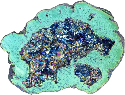 Vista 14 de TUMBEELLUWA Decoración de piedra de geoda de cristal con revestimiento de titanio irregular, espécimen de racimo de roca de arco iris natural