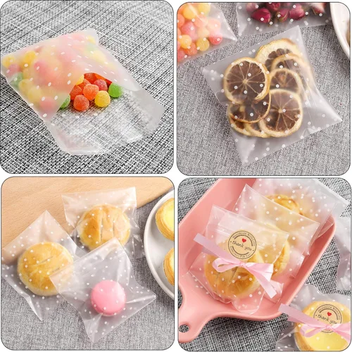 Vista 3 de Juego de bolsas autoadhesivas para galletas, 200 bolsas de plástico con lunares blancos y 204 etiquetas de agradecimiento y 2 rollos de cuerda