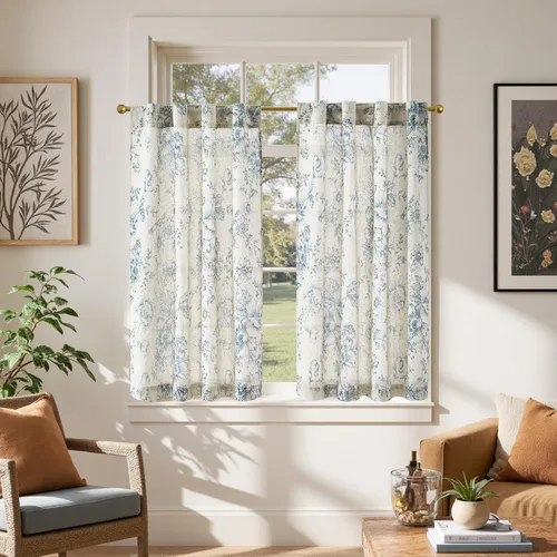 Vista 45 de Jinchan - Cortinas de lino para cafetería, 24 pulgadas, color negro, floral, estilo granja, 2 paneles