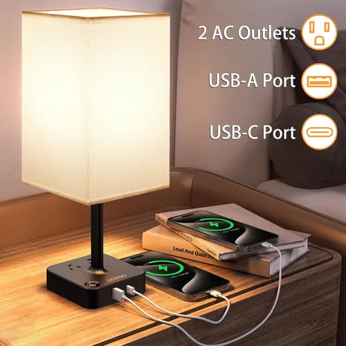 Vista 2 de Lámpara de mesa regulable cozoo USB para mesita de noche y escritorio con 2 puertos de carga USB (A+C) y 2 tomas de corriente, lámpara de mesita