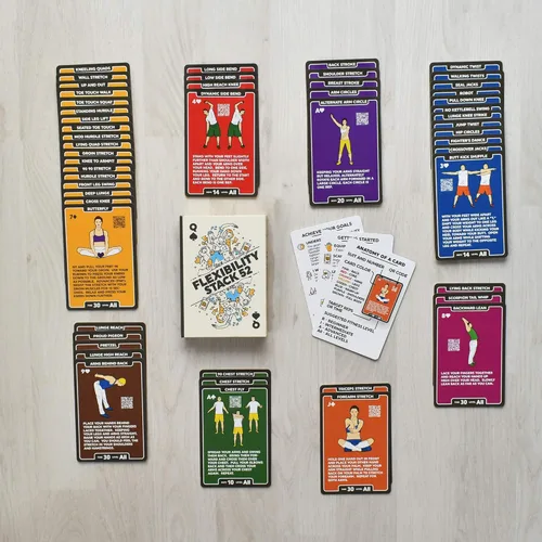 Vista 5 de Stack 52 Tarjetas de ejercicios de flexibilidad. Aprende estiramientos estáticos y dinámicos. Instrucciones de video incluidas. Perfecto