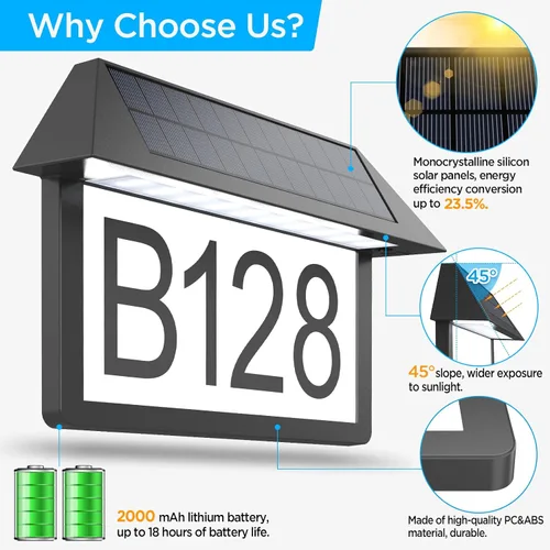 Vista 2 de deerdance Letrero de dirección solar, letrero de números de casa para exteriores 3 temperaturas de color, números de dirección de alto brillo, 300