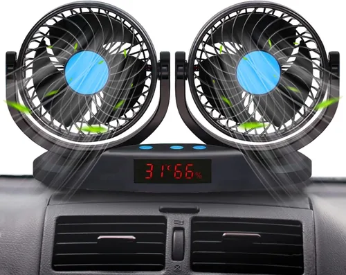 Ventilador de coche de 2 V, ventilador de enfriamiento automático portátil de 5 pulgadas, doble cabezal ajustable giratorio de 360°, enchufe de