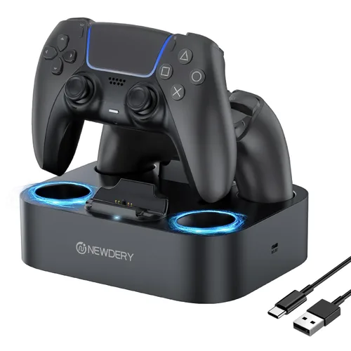 NEWDERY for PS5 Controller Charger Station Compatible with Dualsense Edge, Fast Charging Dock Stand with Cable, Dual Controller Charging Station for