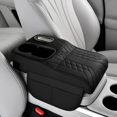 Vista 8 de Funda de consola central para automóvil, funda de cuero de microfibra para reposabrazos de automóvil con 2 soportes para tazas, accesorios