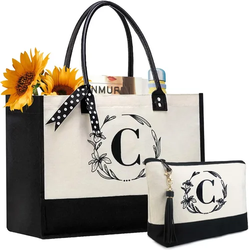 BeeGreen Bolsas de lona con inicial, regalo de cumpleaños personalizado para mujeres, monograma bordado con asa de cuero