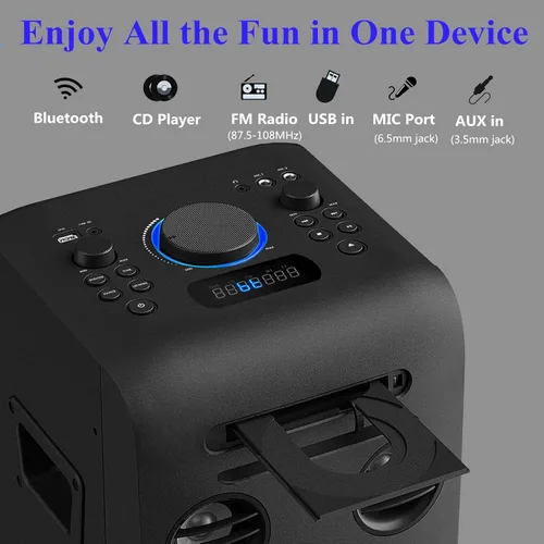 Vista 2 de Sistema estéreo para el hogar de 100 W con reproductor de CD, radio FM, Bluetooth, entrada AUX/USB, función de karaoke, conector para auriculares