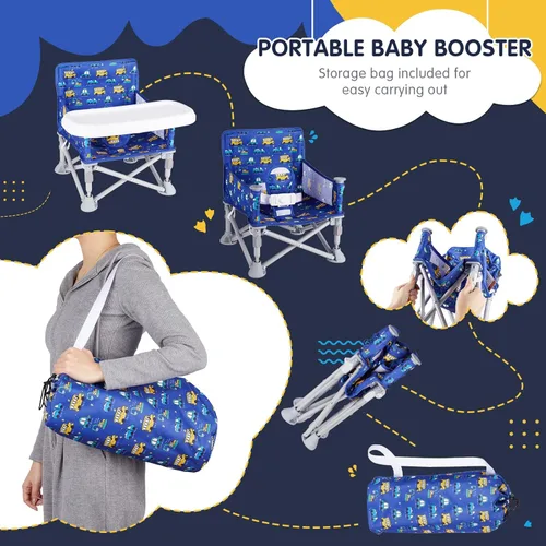 Vista 3 de Silla de bebé portátil, asiento elevador plegable con bandeja para mesa de comedor, silla de camping compacta para césped, playa, viajes, bebés de 6