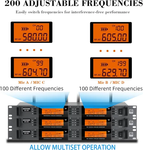 Vista 4 de Sistema de Micrófono Inalámbrico de 4 Canales, Juego de Micrófonos de Mano Inalámbricos UHF de Metal - 200 Frecuencias Ajustables, Función