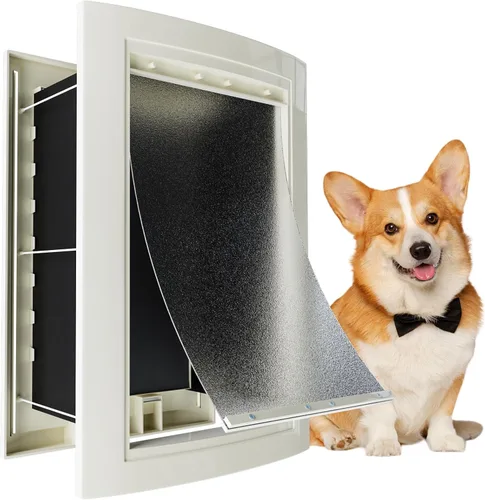 Vista 10 de mestyl Puerta para perro para pared, puerta de mascotas, puerta para perro con túnel telescópico, solapas magnéticas dobles y paneles de bloqueo