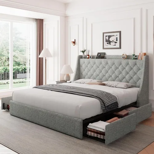Vista 12 de Feonase - Base de cama tapizada tamaño matrimonial, 4 cajones para almacenar, puerto tipo C y USB, estación de carga, cabecera con respaldo capitoné