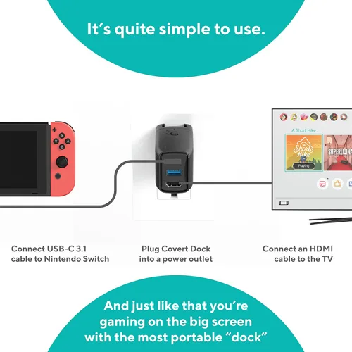 Vista 4 de GENKI Global Covert Dock para Nintendo Switch - Base ultra portátil y cable USB-C 3.1 para acoplamiento y carga de TV, 3 adaptadores regionales