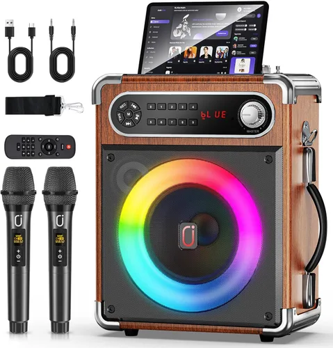 Vista 10 de Máquina de karaoke con 2 micrófonos inalámbricos, woofer mejorado de 6.5 pulgadas y tweeter de 2 pulgadas: altavoz de karaoke portátil Bluetooth