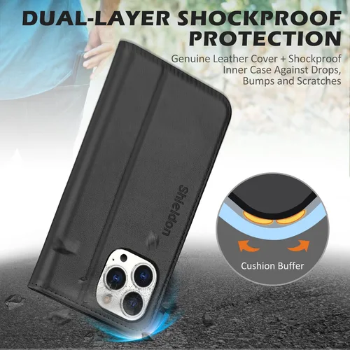 Vista 5 de SHIELDON Funda para iPhone 15 Pro Max de 6.7 pulgadas, cartera de cuero genuino [cierre magnético] [ranura para tarjeta de bloqueo RFID]