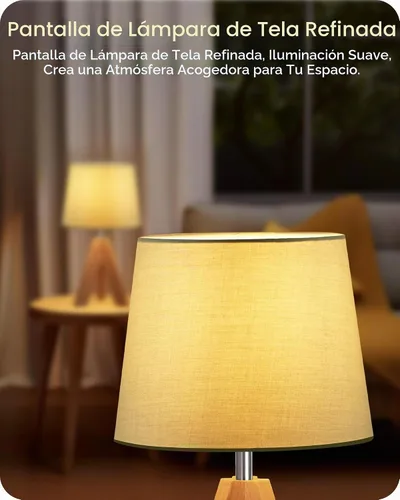 Vista 5 de Juego de 2 lámparas de mesa trípode pequeñas, lámpara moderna de mesita de noche con pantalla de tela, luz de escritorio de madera estilo bohemio