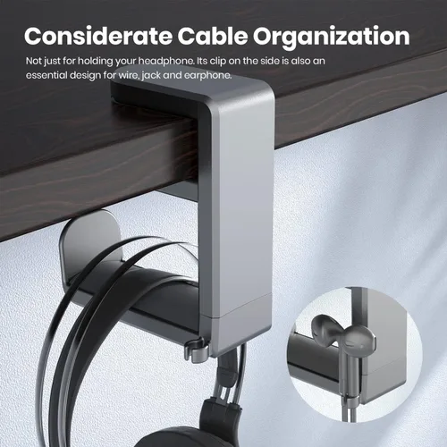 Vista 6 de EURPMASK PC Gaming Headset Stand - Adjustable Clamp-on Headphone Holder, 360 Degree Swivel & Cable Clip Organizer - Space Grey