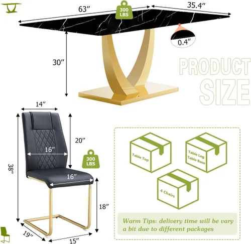 Vista 3 de Juego de mesa de comedor negra para 4, 63 x 35.4 x 30 pulgadas, mesa de comedor moderna rectangular con patas y base de acero inoxidable, sillas