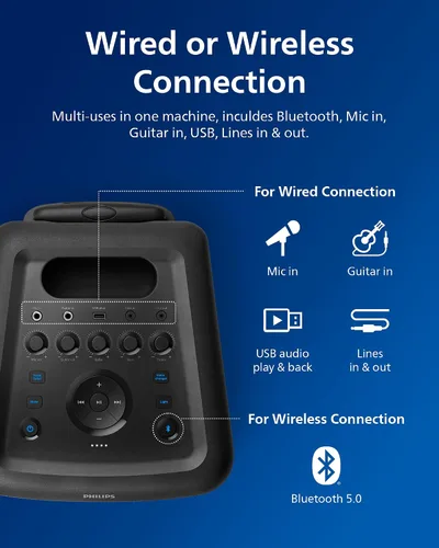 Vista 8 de PHILIPS X3206 Altavoz Bluetooth Party con graves profundos, batería de hasta 14 horas, luces de fiesta y efectos de karaoke, entrada de micrófono