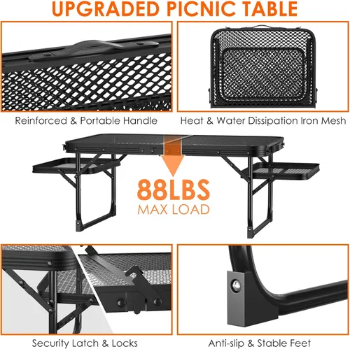 Vista 5 de KOCASO Mesa de parrilla, mesa de camping plegable con 2 paneles de alas, mesa de picnic portátil, mesa de metal con asa de transporte y soporte