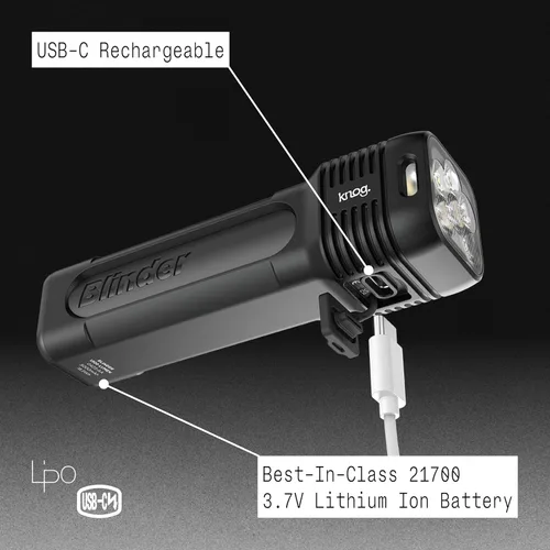 Vista 4 de Knog Blinder 1300 - Luz de bicicleta de 1300 lúmenes con diseño compacto CNC, 6 modos de luz, recargable USB-C, impermeable IP67, indicador